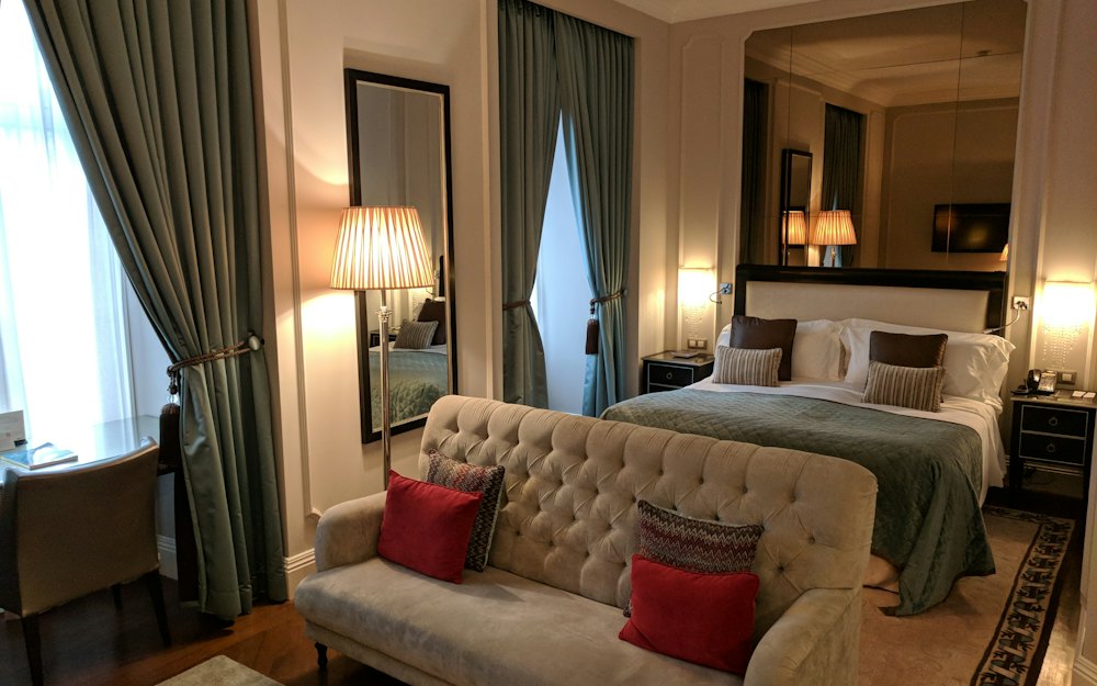 A hotel-style bedroom