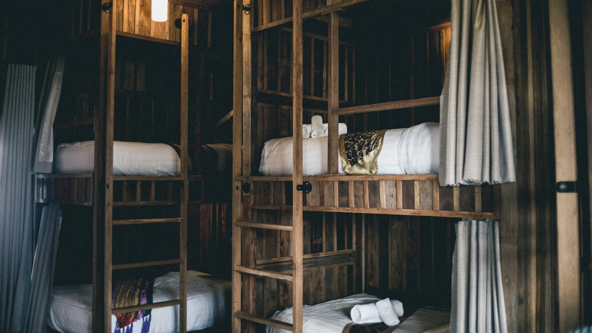 Bunk beds in a hostel room