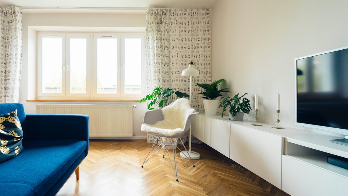 A living room with a blue sofa