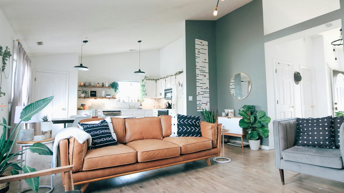 A living room with a leather sofa