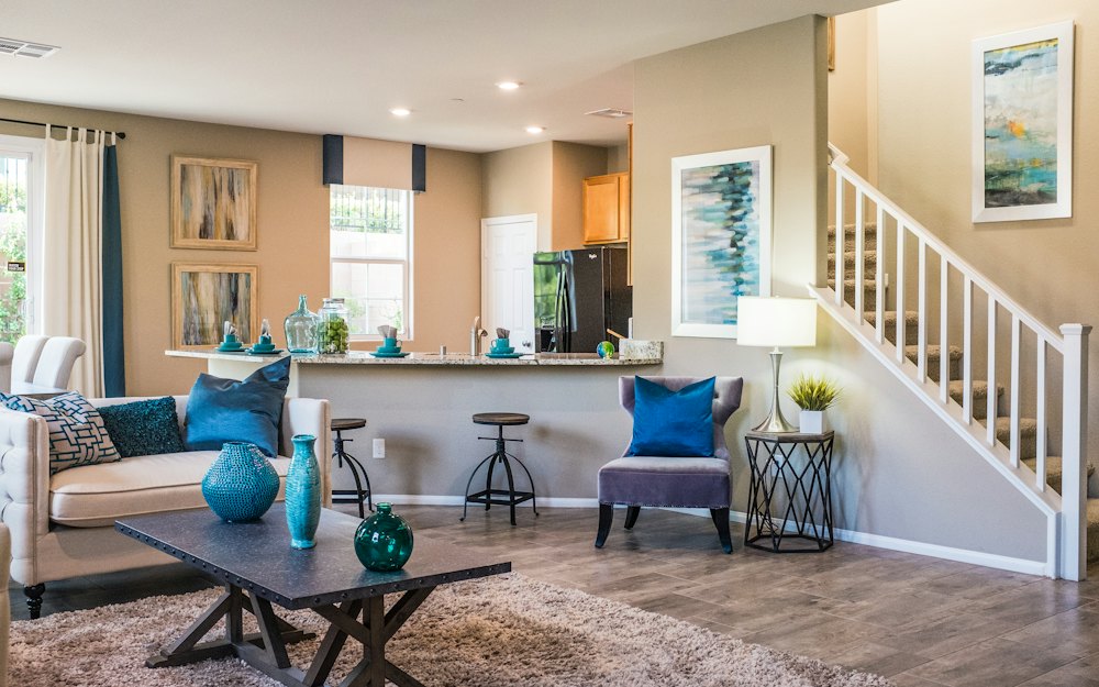 A living room with a staircase